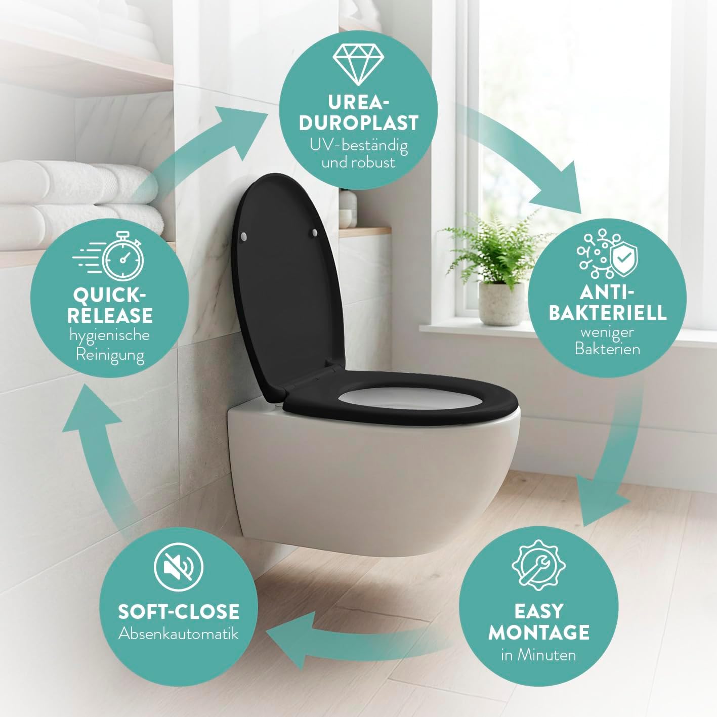 Thumbnail 1 de BENKSTEIN Premium Toilettendeckel antibakteriell oval schwarz – Duroplast, Quick-Release & Softclose