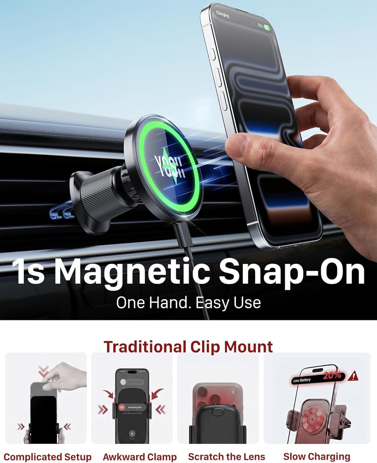 Detalle de YOSH Support téléphone voiture à induction Mag-Safe 15W (chargeur sans fil, rotation 360°)