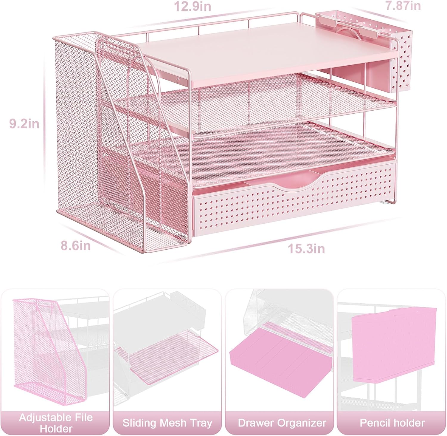 Thumbnail 3 de Pink 4-Tier Wood Desk Organizer with Drawer, File Rack, and Pen Holder