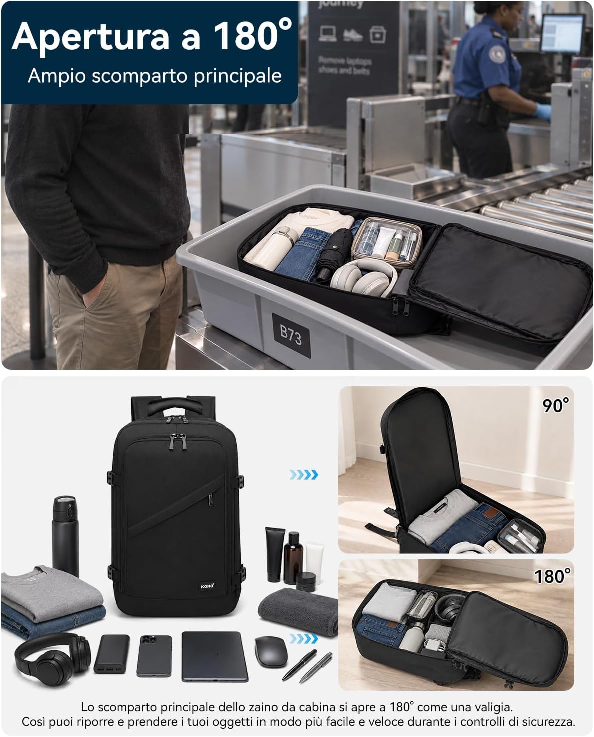 Detalle de KONO Zaino Ryanair 40x20x25: zaino da viaggio 40x20x25 cm con apertura 180° e tasca frontale nascosta