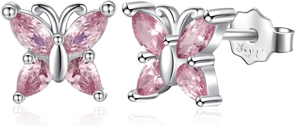 Detalle de TIZU 925 Sterling Silber Schmetterling Ohrringe mit rosa-lila Zirkonen – hypoallergen, Geschenk-Edition