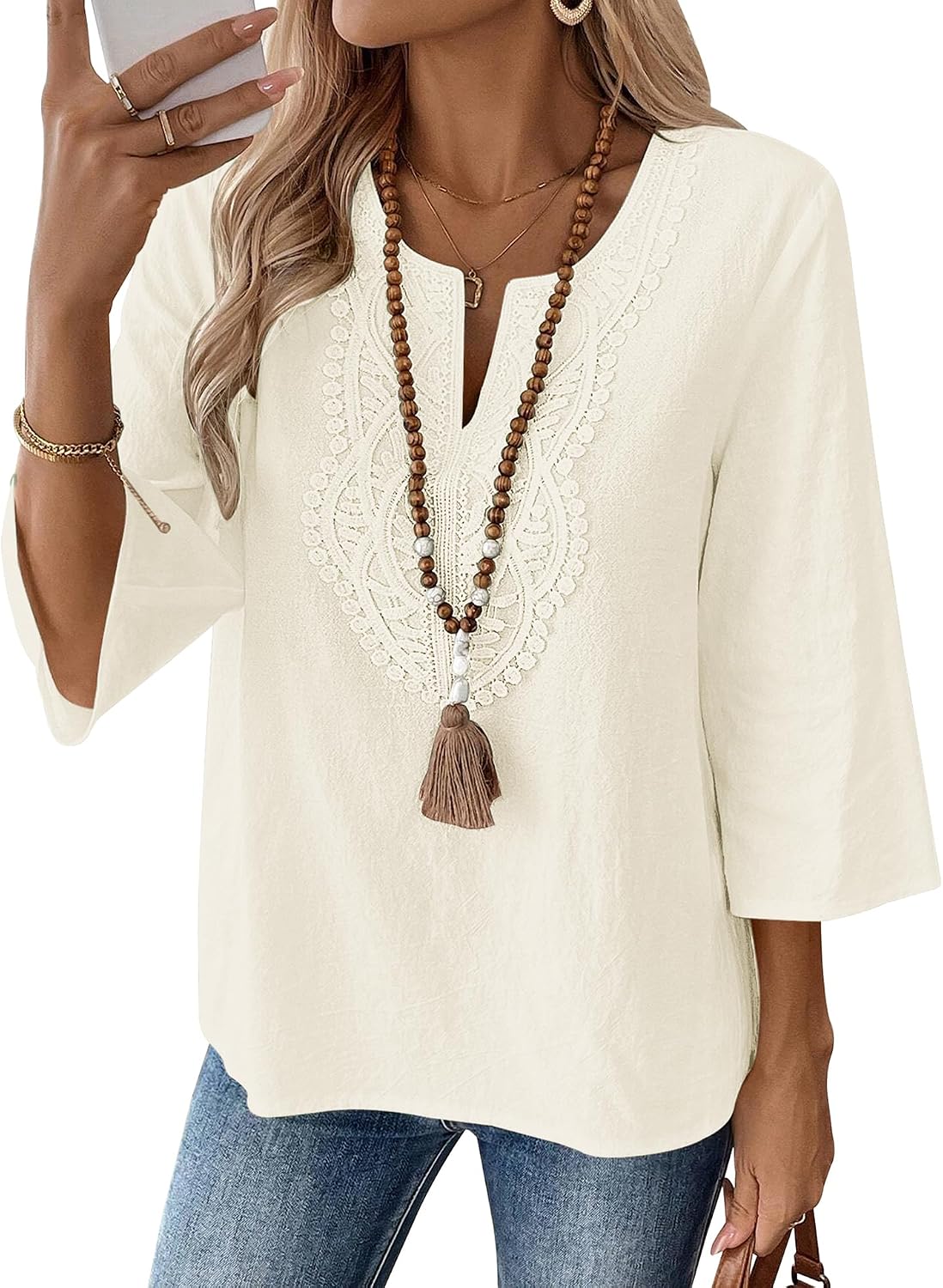 Thumbnail 6 de Rapbin Women's 3/4 Sleeve V-Neck Cotton Linen Boho Lace Tunic