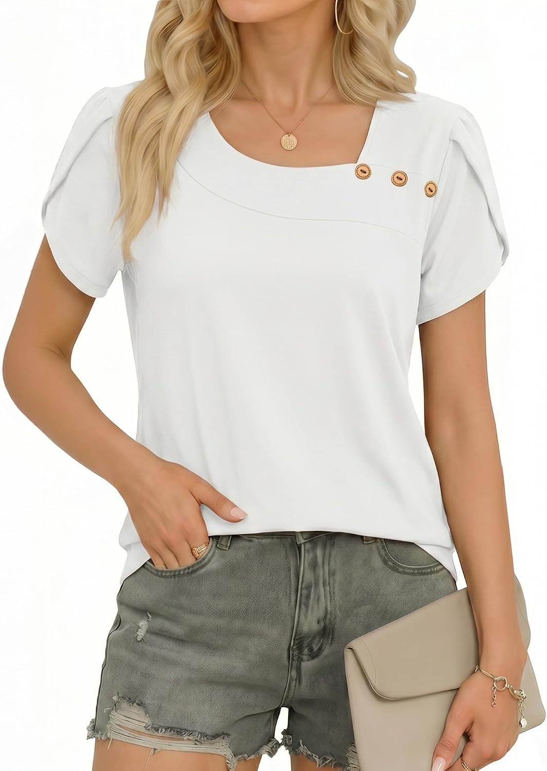 Detalle de ALGALAROUND Women's Asymmetric Neck Tops: Short Petal Sleeve Shirt Tunic Blouse