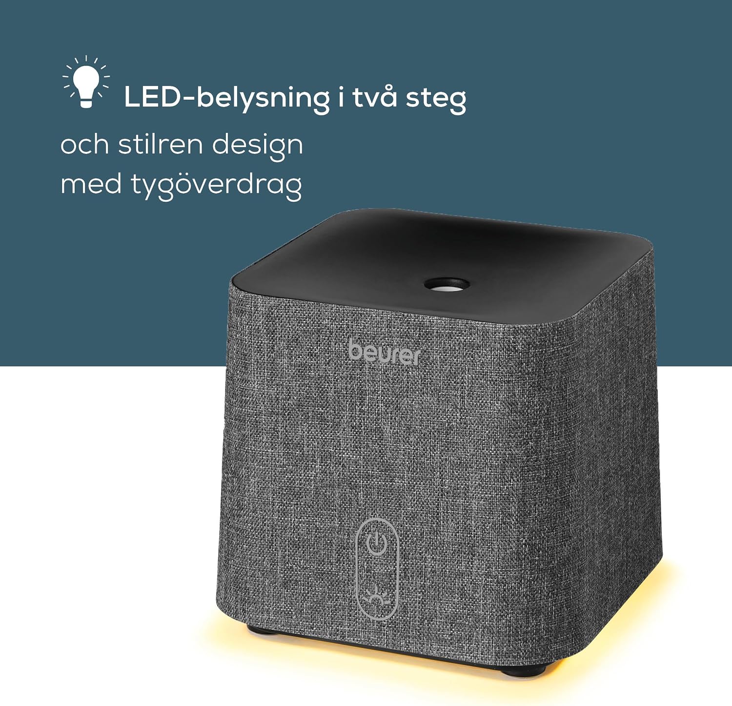 Detalle de Beurer LA 35 aromspridare med ultraljud, textilöverdrag och LED-belysning