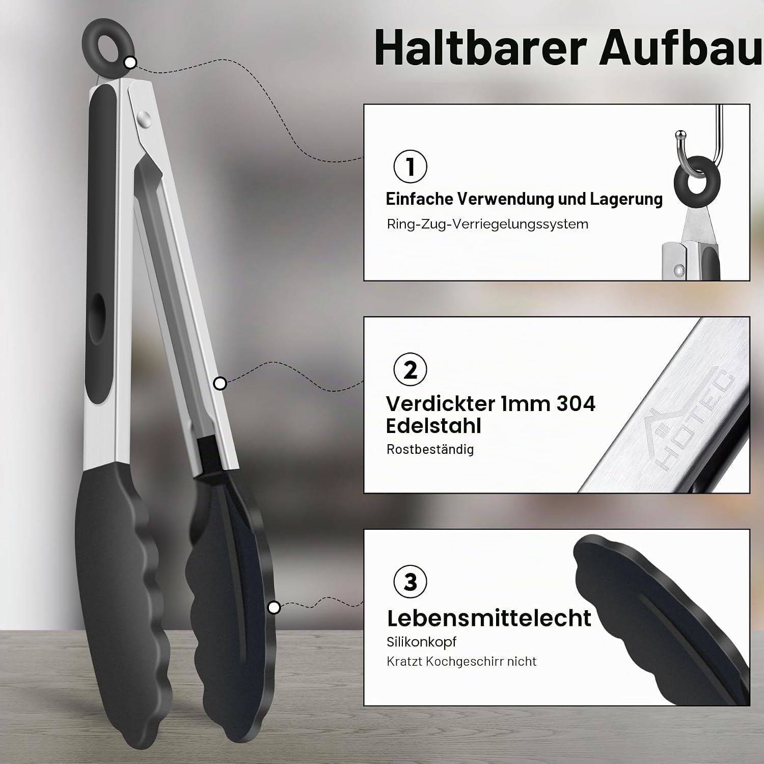 Thumbnail 4 de Hotec Premium-Küchenzange aus Edelstahl mit Verriegelung, Silikonspitze – 2er-Set (22,9 cm & 30,5 cm)