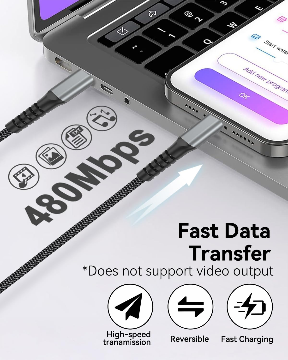 Thumbnail 3 de Câble USB-C vers Lightning 3 m MFi, nylon tressé (charge rapide & transfert jusqu’à 480 Mbit/s) pour iPhone iPad