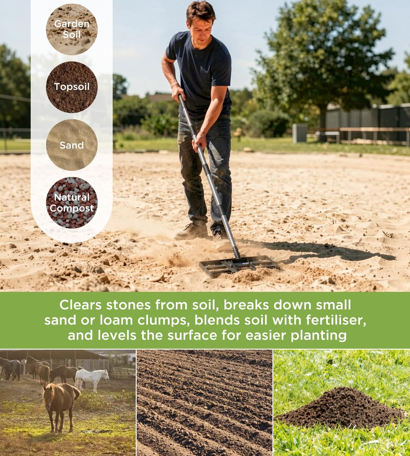 Thumbnail 4 de Lawn Levelling Rake with 180cm adjustable stainless handle – 43 x 25cm grass levelling tool