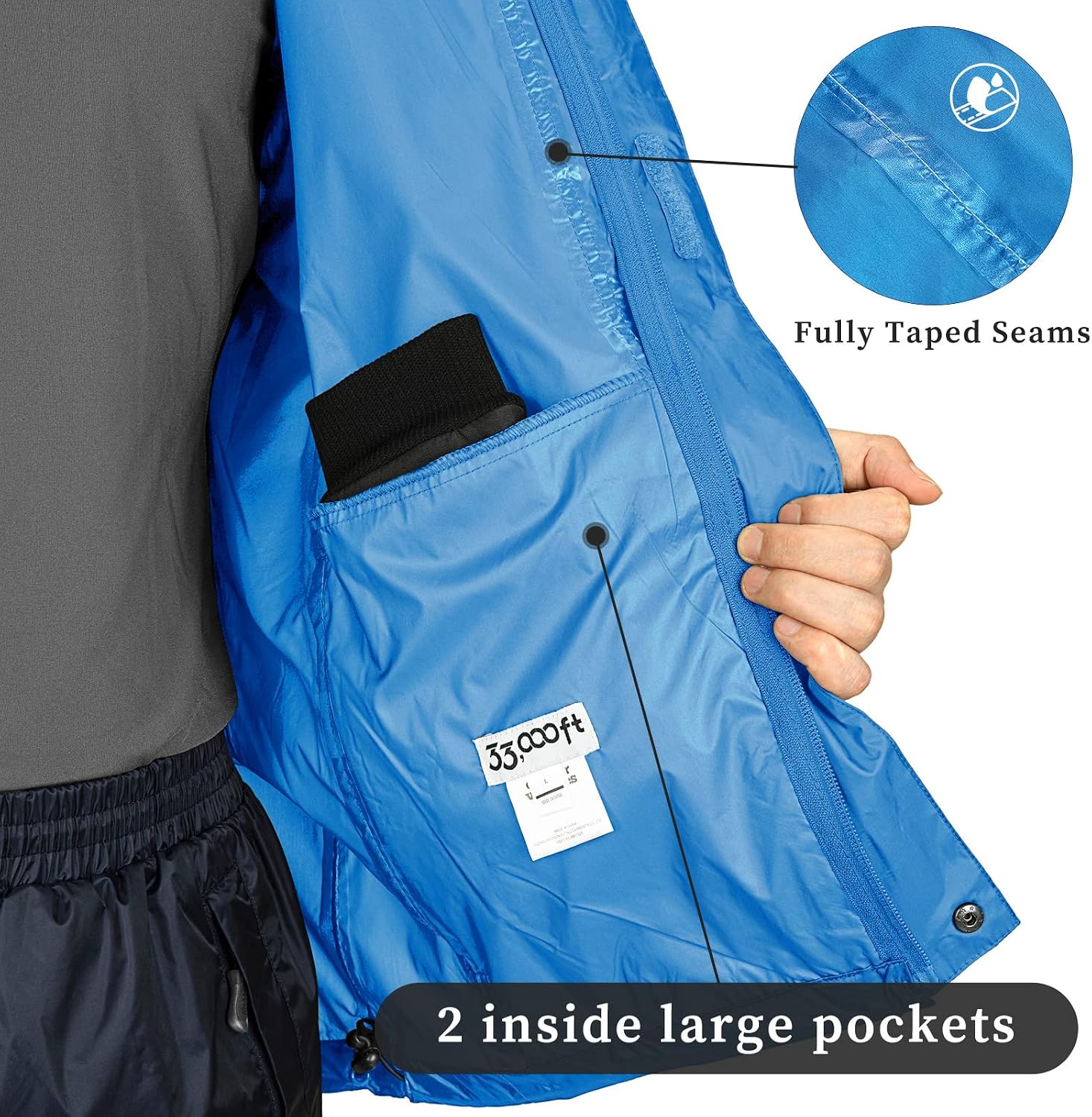 Detalle de 33,000ft Herren Regenjacke leicht, wasserdicht & faltbar mit Kapuze – auch für Fahrrad, Camping & Reise