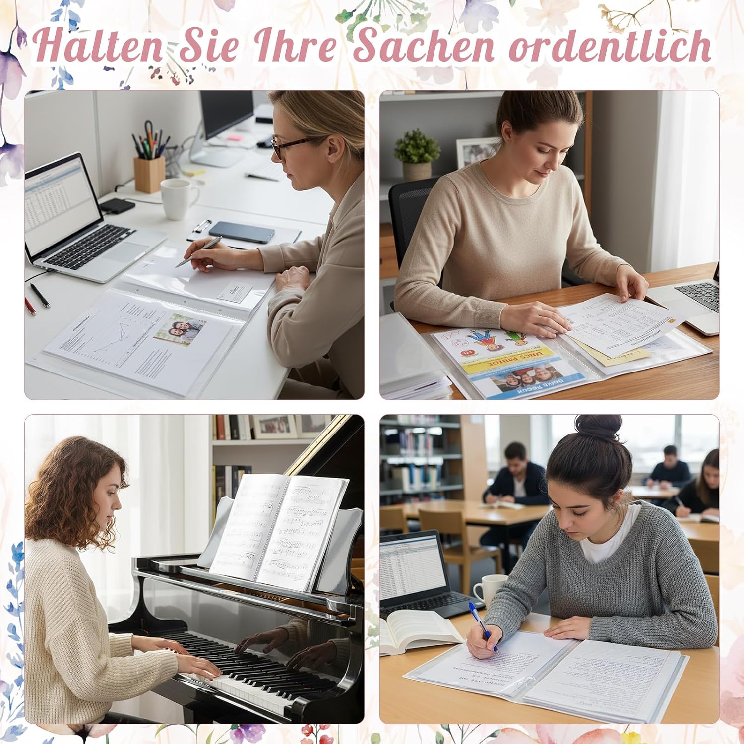 Detalle 2 de Zeugnismappe A4 mit 40 Klarsichthüllen – Dokumentenmappe für Grundschule (Kranzmuster)