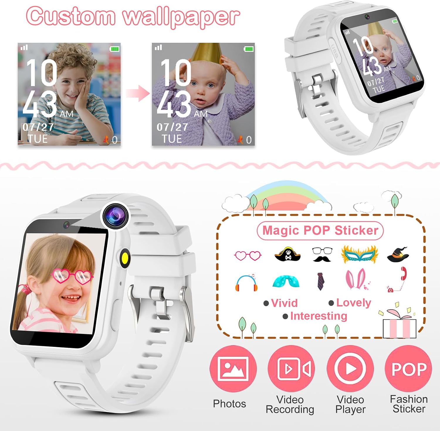 Detalle de Phyulls Kids Smart Watch Gift for Girls (Age 4–12) with HD Touch Screen, Camera, 39 Games & Pedometer