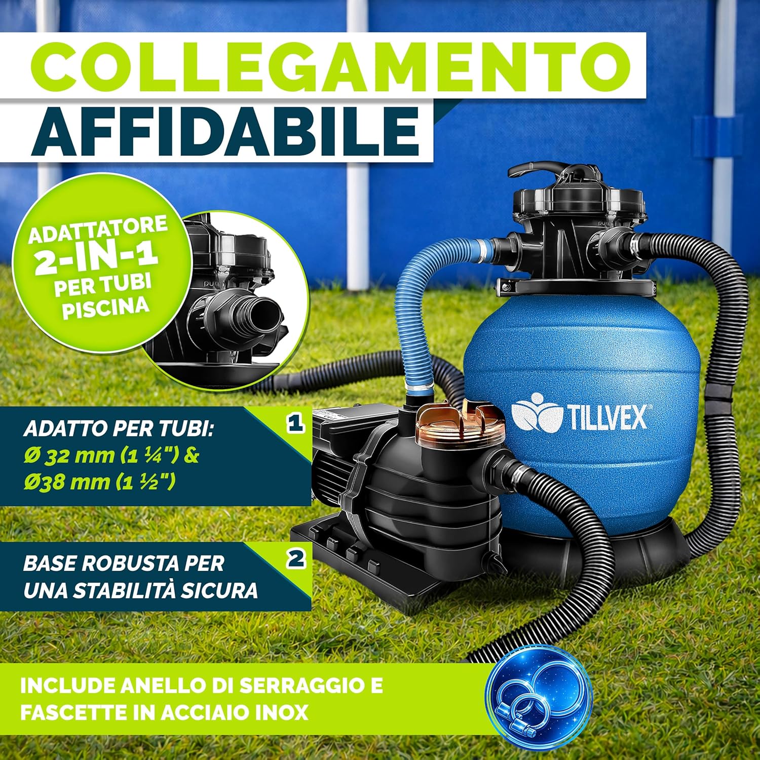 Thumbnail 6 de Pompa filtro per piscina tillvex portata 10 m³/h con valvola a 7 vie e 800 g di balls