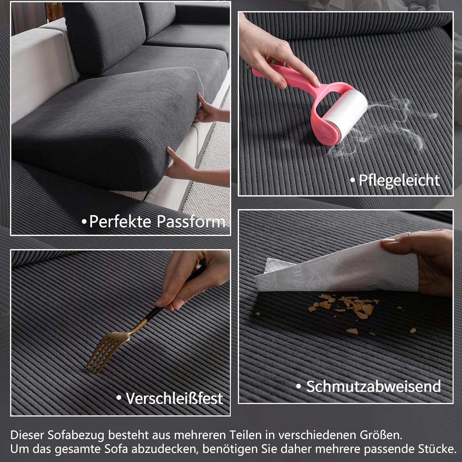 Thumbnail 2 de OHSIO Stretch Sofa Sitzkissenbezug für Chaiselongue – rutschfester, waschbarer Sofabezug in Dunkelgrau