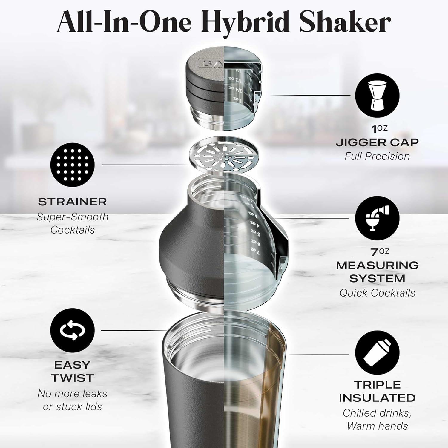 Thumbnail 3 de BARE BARREL Insulated Cocktail Shaker Set (Matt Black) — Double Wall Stainless Steel with Built-in Measure, Travel Bag & Recipe Cards