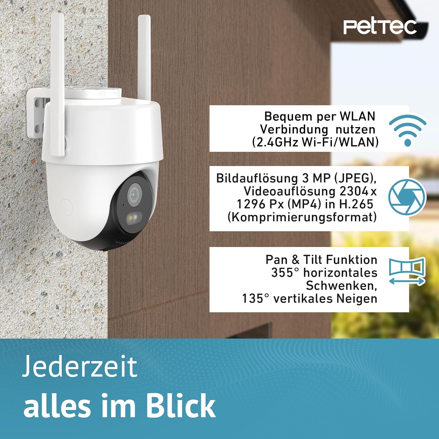 Detalle de PetTec Pet Cam Free'n 360 Überwachungskamera – Outdoor 3MP mit Akku, Pan&Tilt, Flutlicht und Sirene