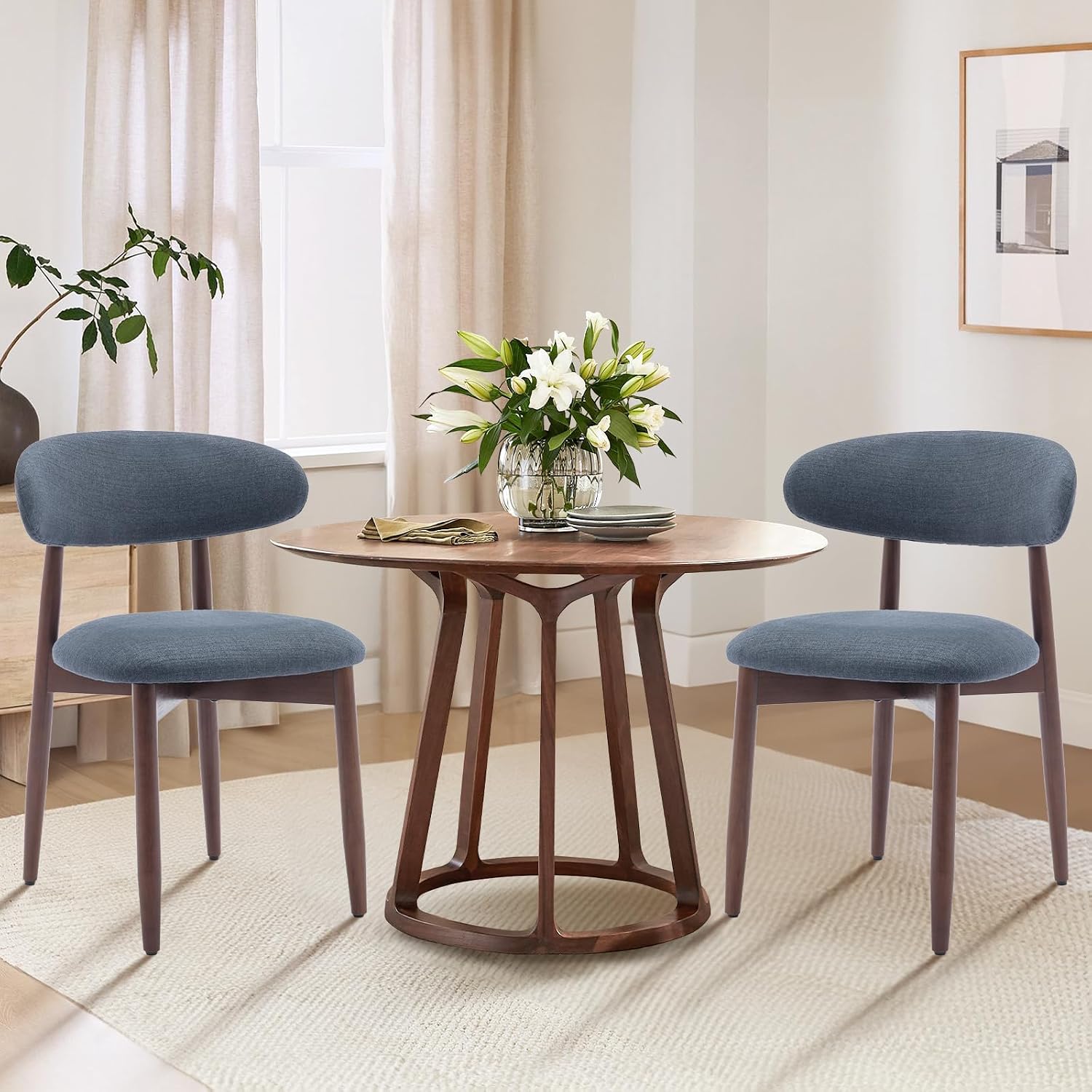Detalle de COLAMY D6270US Dining Chairs, Blue Fabric Upholstery, Rubberwood Frame, Set of 2