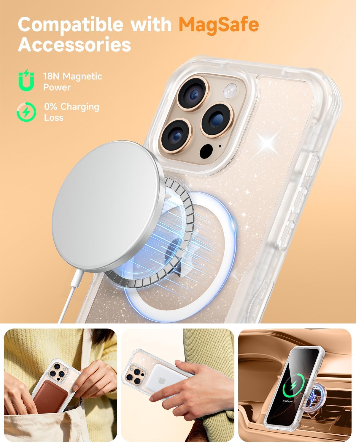 Thumbnail 5 de seacosmo Magnetic iPhone 16 Pro Max Case with Bling Sparkle Privacy Cover and 9H Glass Screen Protector