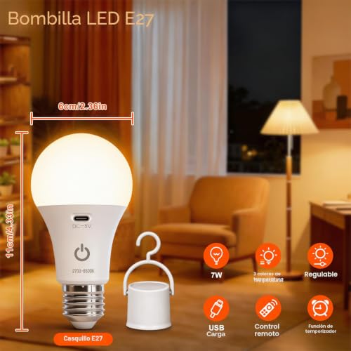 Detalle 2 de Ketom Bombilla Recargable E27 con Mando (2 piezas) – LED USB, regulable y portátil