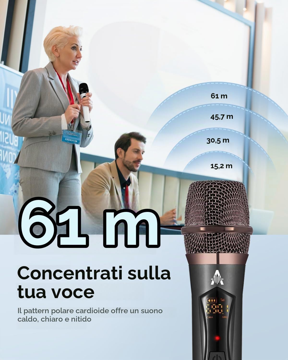 Detalle de ALPOWL WXM Microfono Wireless: sistema UHF con ricevitore ricaricabile, 192 kHz/24 bit per karaoke e speaking events