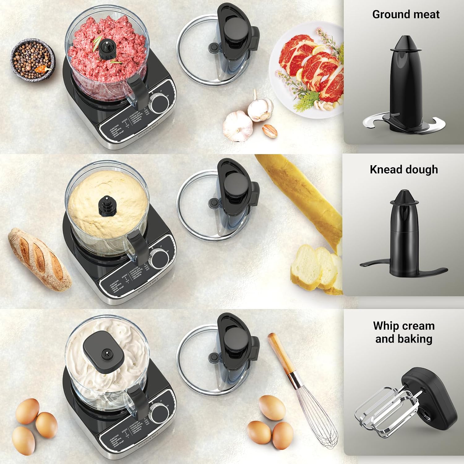 Detalle 2 de FIMEI Multifunctional Food Processor 1300W (3 speeds + pulse) with 3.5L chopper, 1.5L blender, slicer & citrus juicer
