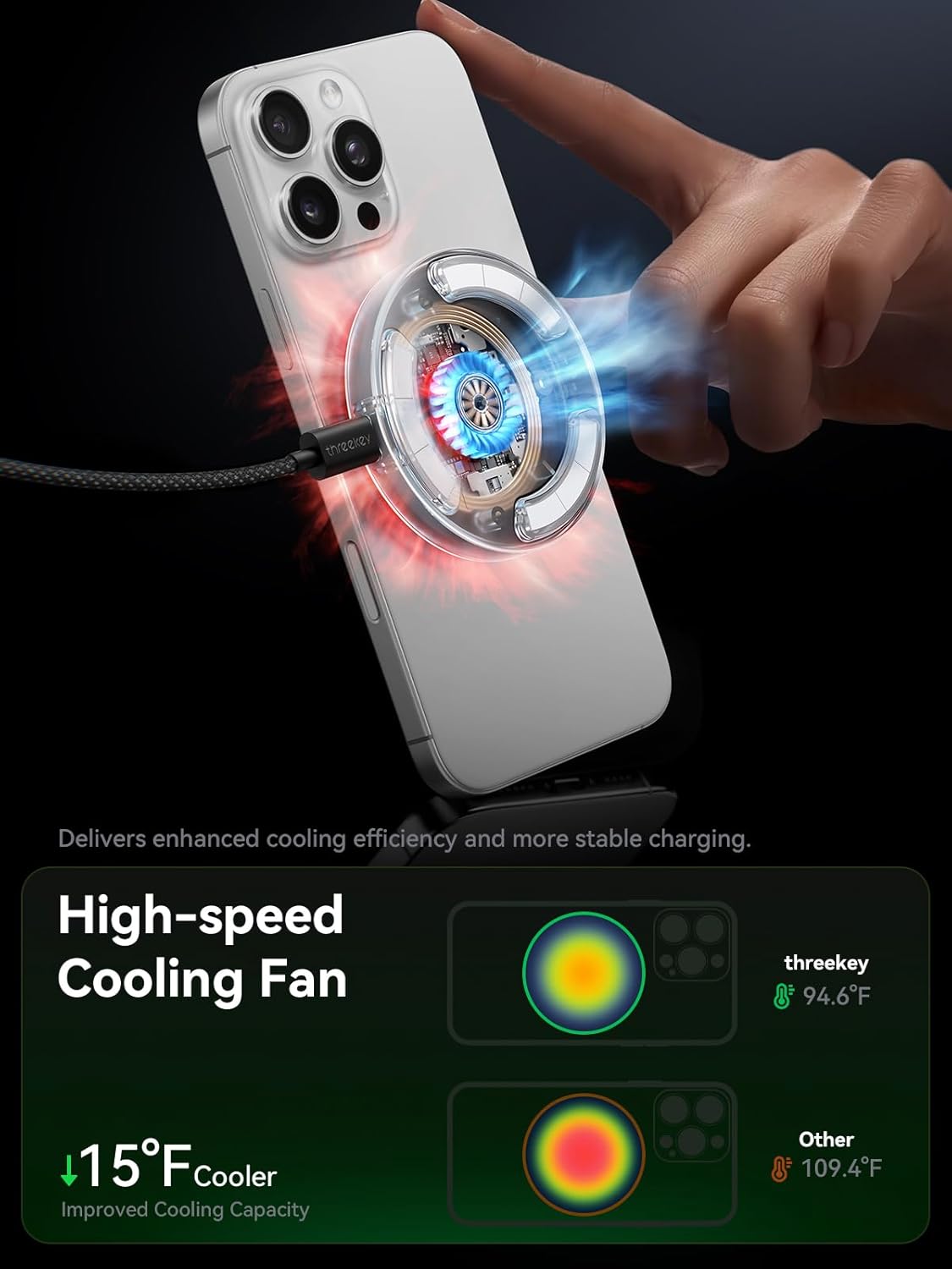 Detalle de THREEKEY Qi2.2 25W Magnetic Wireless Charger with Cooling Fan