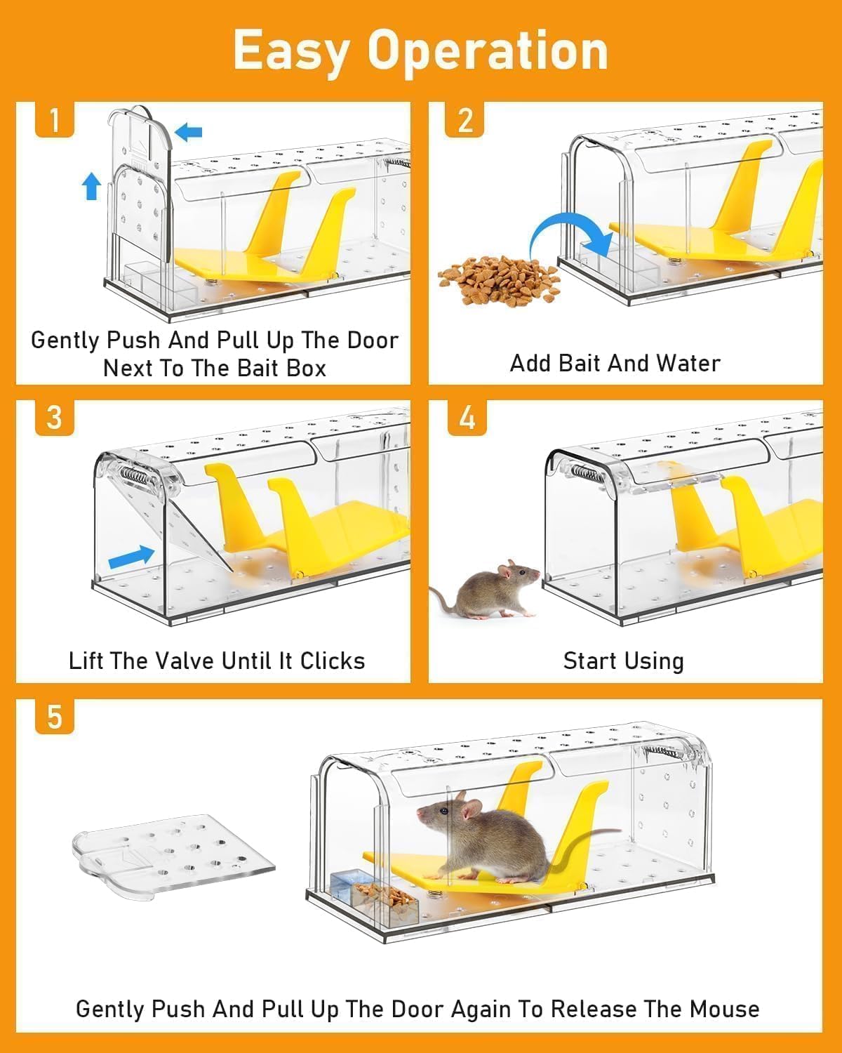 Detalle de 2 Pack Humane Mouse Traps for Indoors No Kill Live Catch – Pets & Children Friendly, Reusable with Cleaning Brush