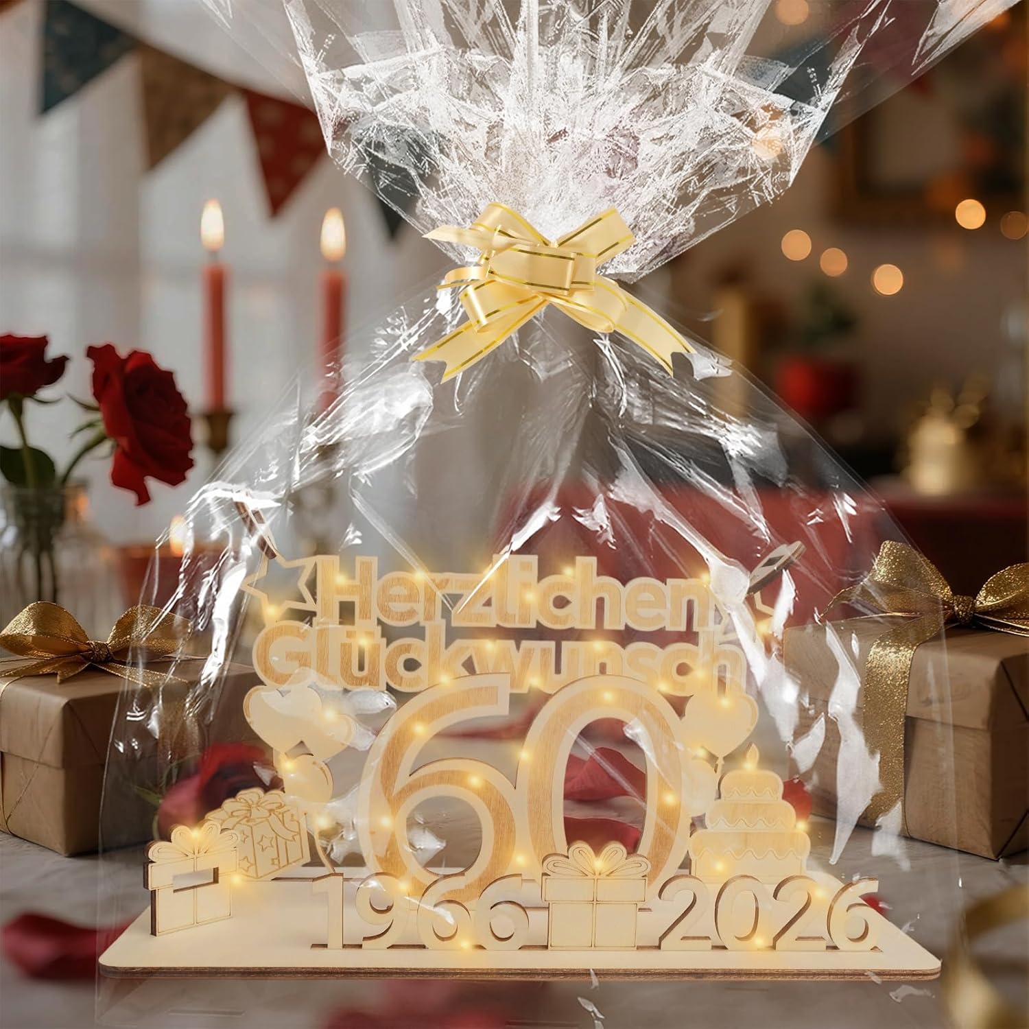 Detalle 2 de ARTREE 60 Geldgeschenke zum 60. Geburtstag und Diamantene Hochzeit – personalisiertes Holzschild mit LED-Lichterkette und Gästebuch