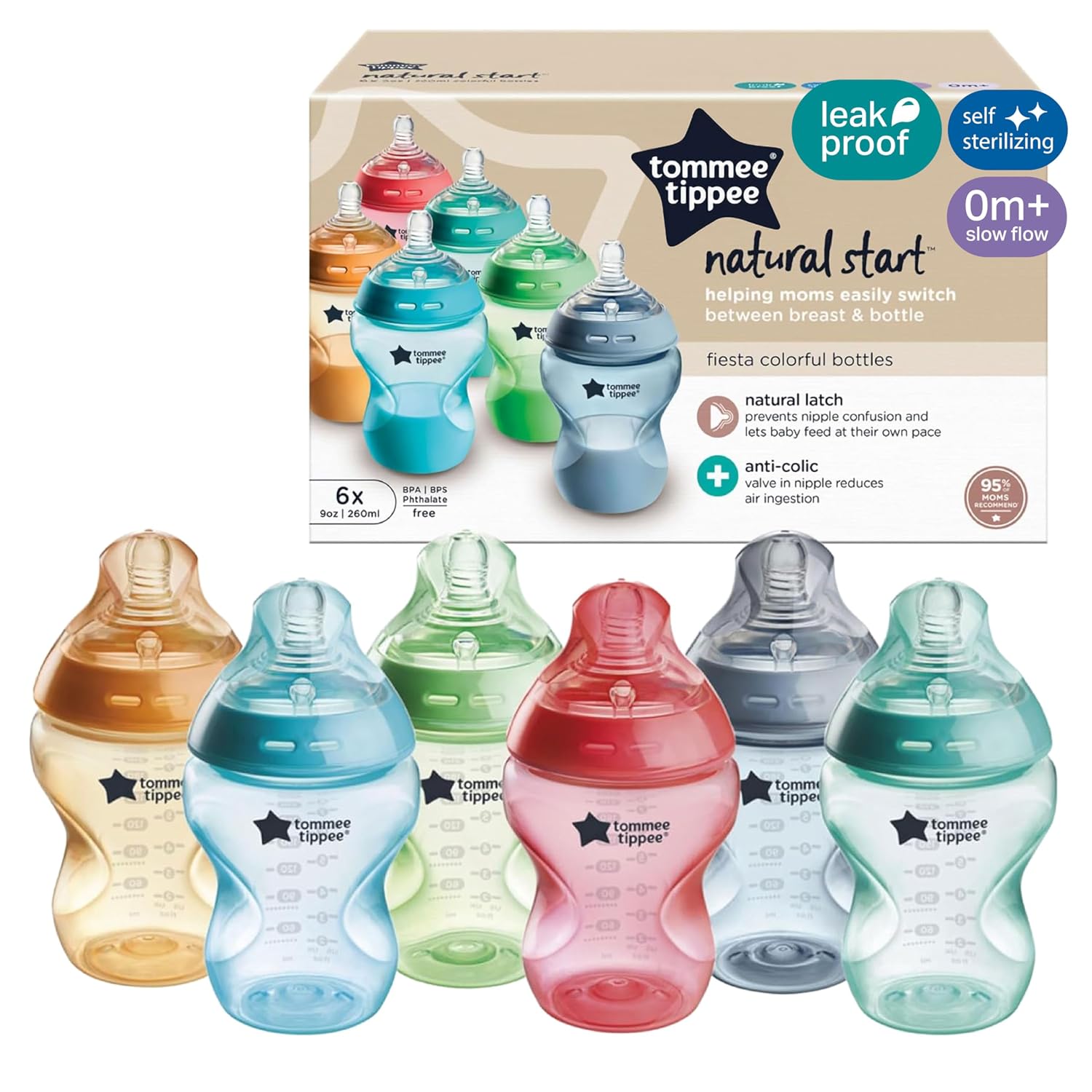 Tommee Tippee Natural Start Baby Bottles, 9 oz, Slow-Flow Nipples, 6-Pack