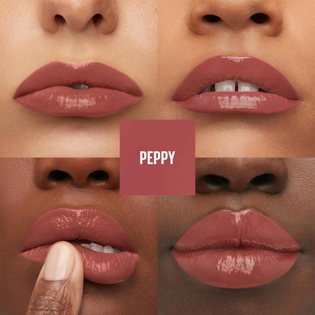 Detalle de Maybelline New York Super Stay Vinyl Ink Nude Shock 115 Peppy – rossetto liquido effetto vinilico fino a 16 ore, formula vegana