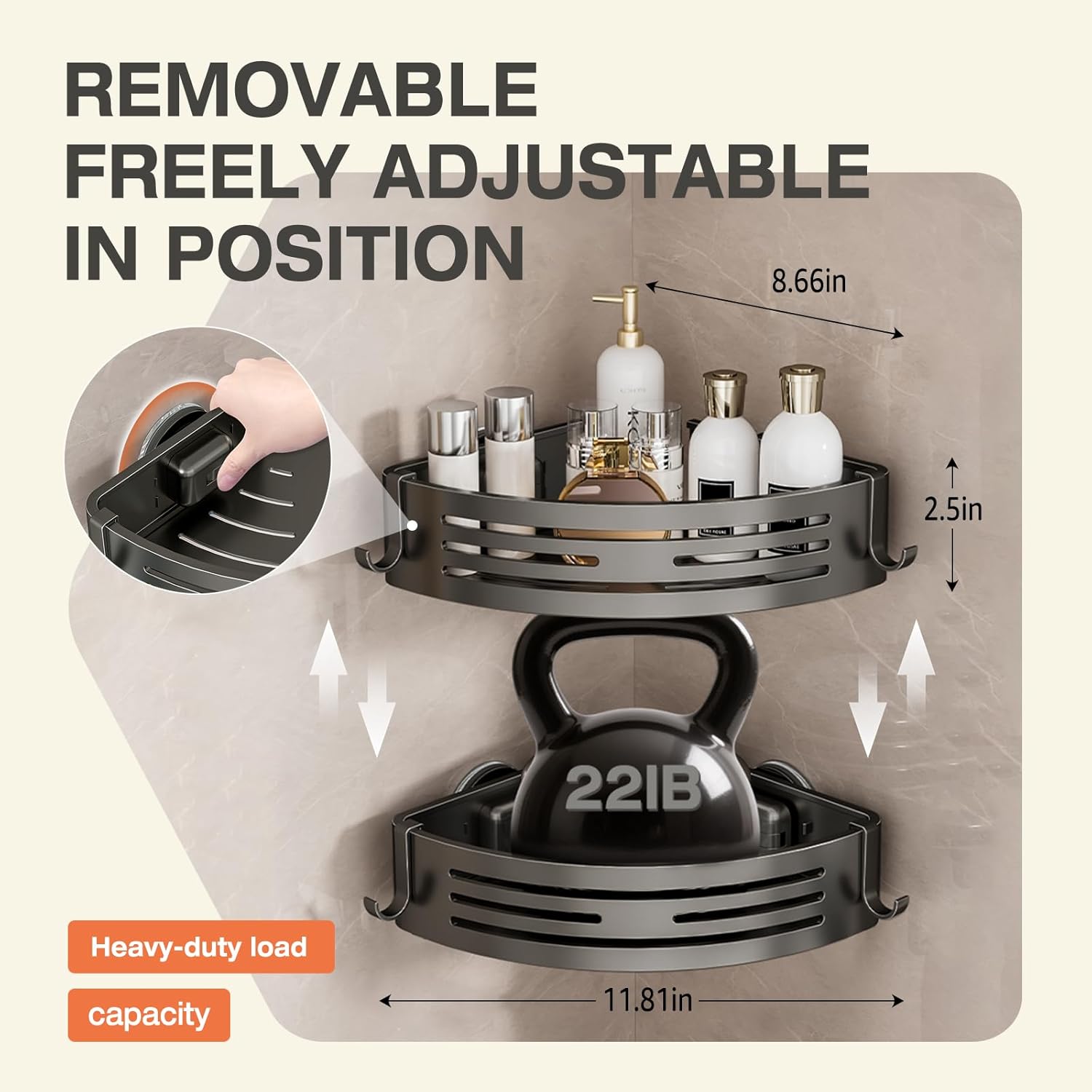 Thumbnail 1 de Lekesky Corner Shower Caddy Suction Cup (Aluminium) with Hooks, No-Drill Corner Shelf, Gunmetal Grey, 2-Pack