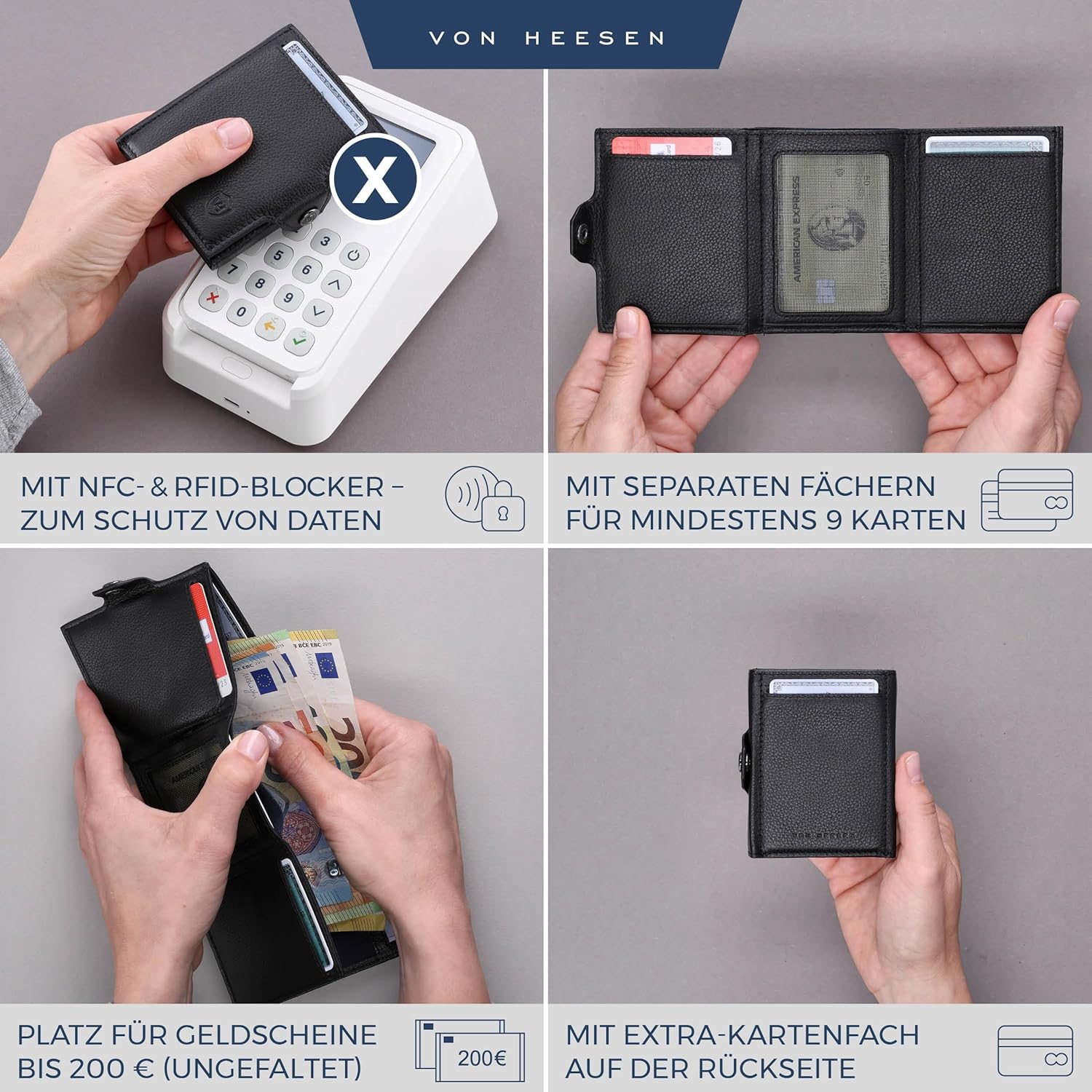 Thumbnail 1 de VON HEESEN Slim Wallet mit RFID-Schutz – Mini Geldbörse & Kartenetui aus Leder, schwarz