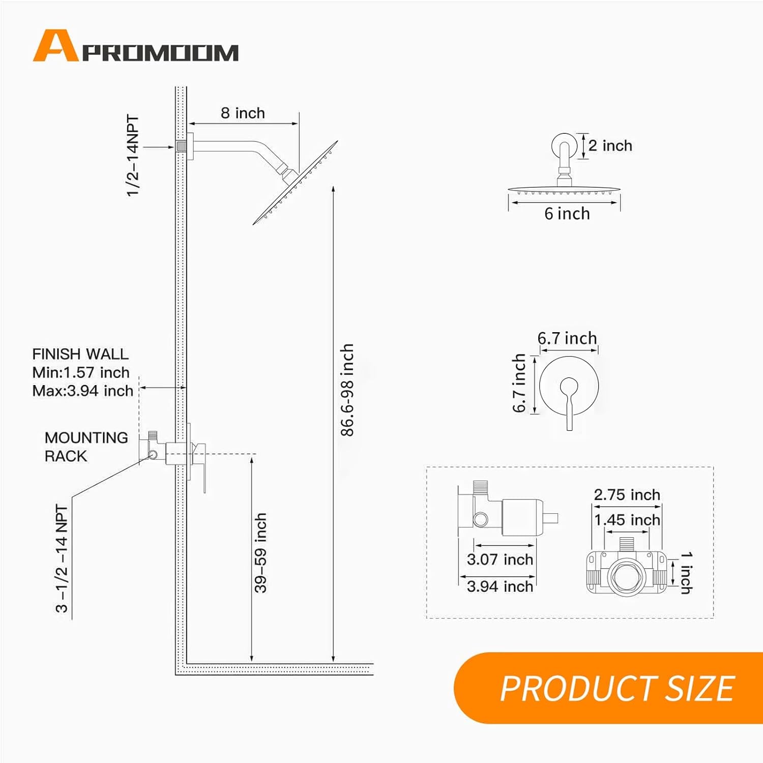 Detalle de APROMOOM 77B707R Shower Faucet Set, Matte Black, 6-Inch Rain Head