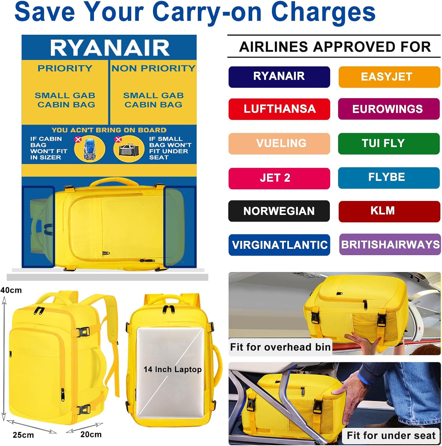 Thumbnail 1 de ENZOSUM 40 x 20 x 25 cm Cabin Backpack, 20L, Yellow