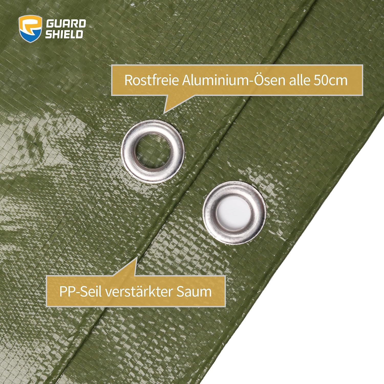 Detalle de GUARD SHIELD Abdeckplane mit Ösen 2 m × 3 m Grün – Wasserdicht, UV-stabilisiert, 120 g/m²