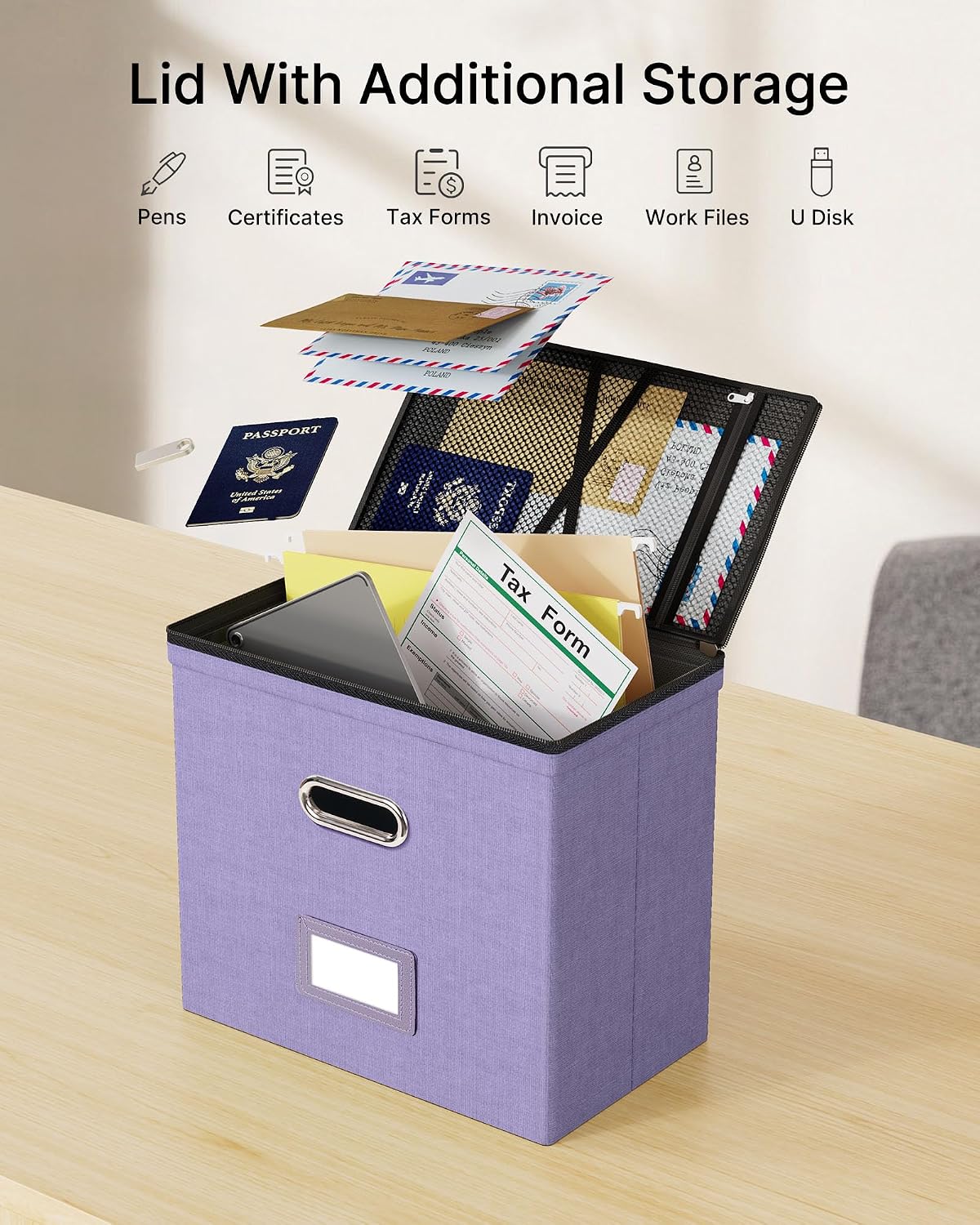 Detalle de Oterri File Organizer Boxes with Lids Hanging File Box, 3 Mesh Pockets