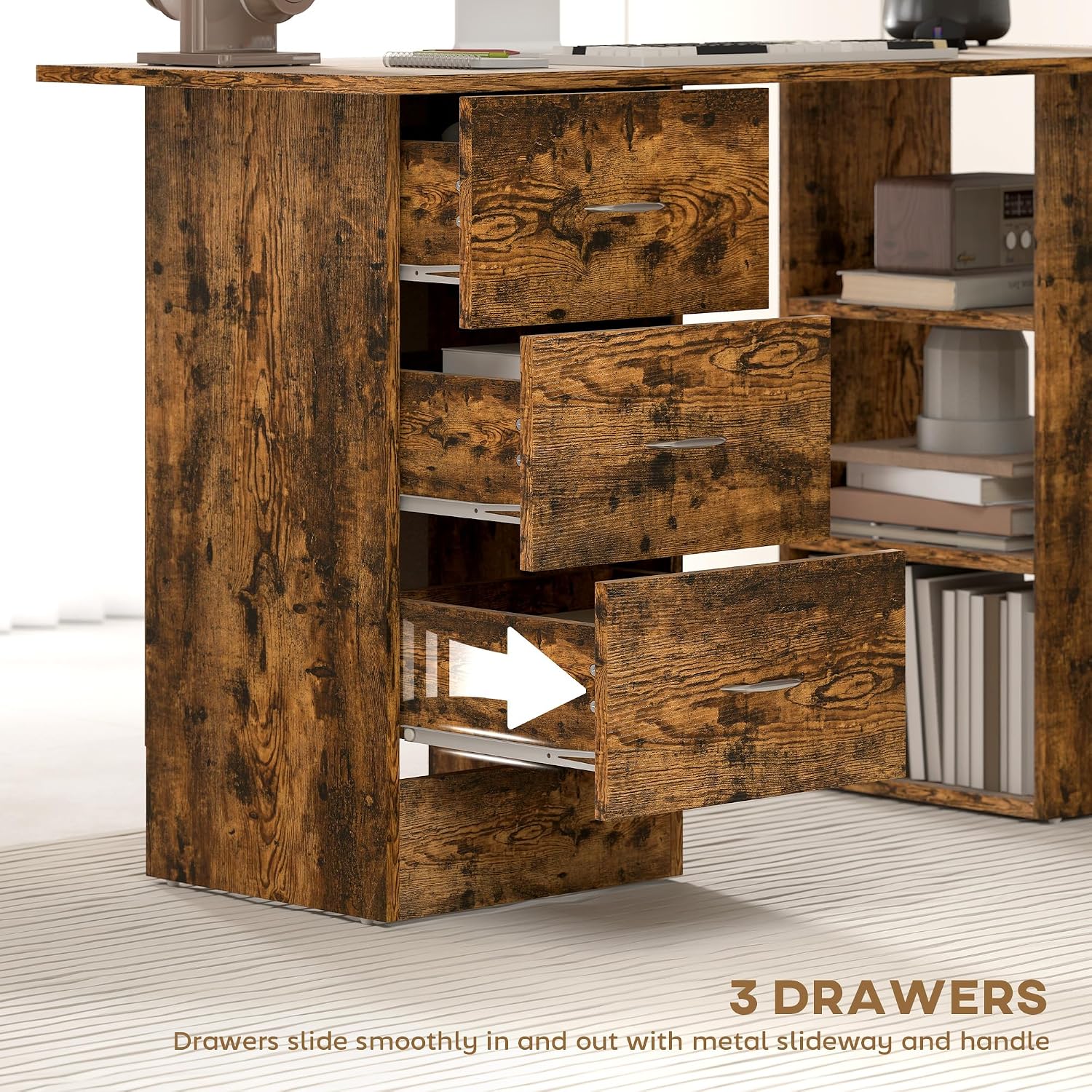 Thumbnail 4 de HOMCOM Computer Desk with Drawers (120 x 49 x 72 cm) in Rustic Brown