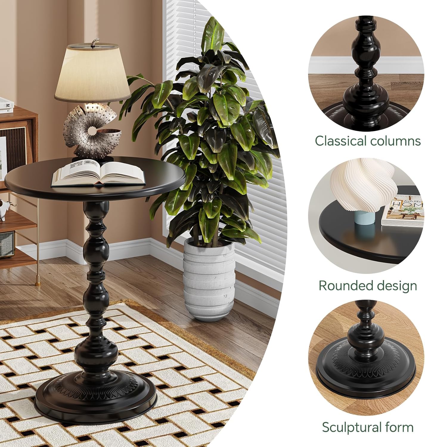 Detalle de Simple Trending Small Side Table, Round Vintage-Style Metal End Table in Black