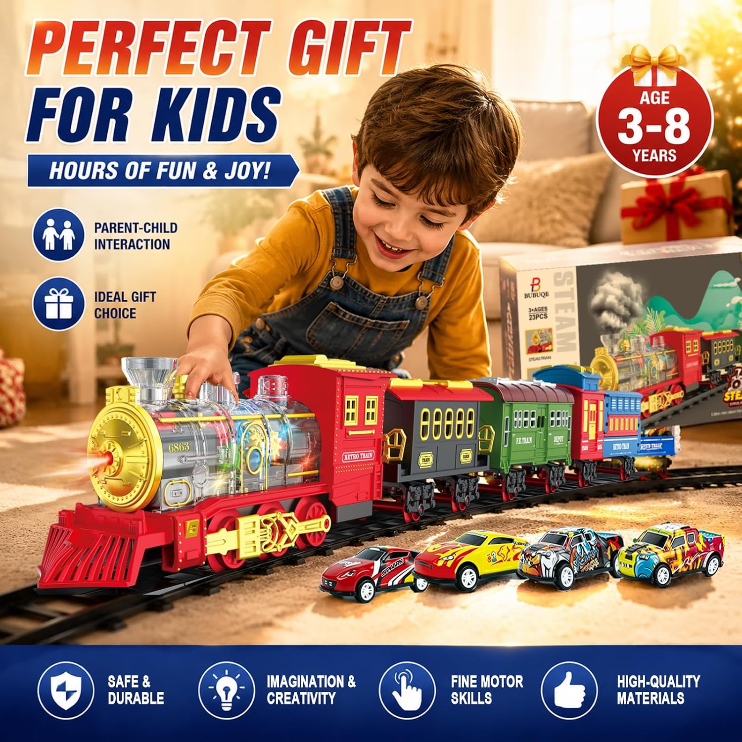 Detalle de BUBUQE Electric Train Set Toy with Lights, Sound and Smoke