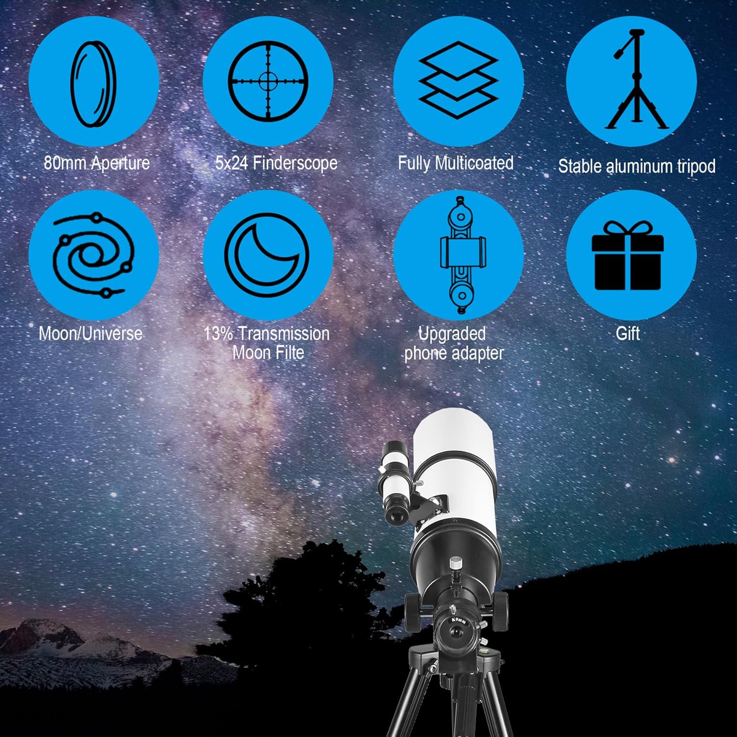 Detalle 2 de Celticbird 80mm 600mm Refractor Telescope for Adults & Beginners (AZ Mount) with Phone Adapter, Backpack