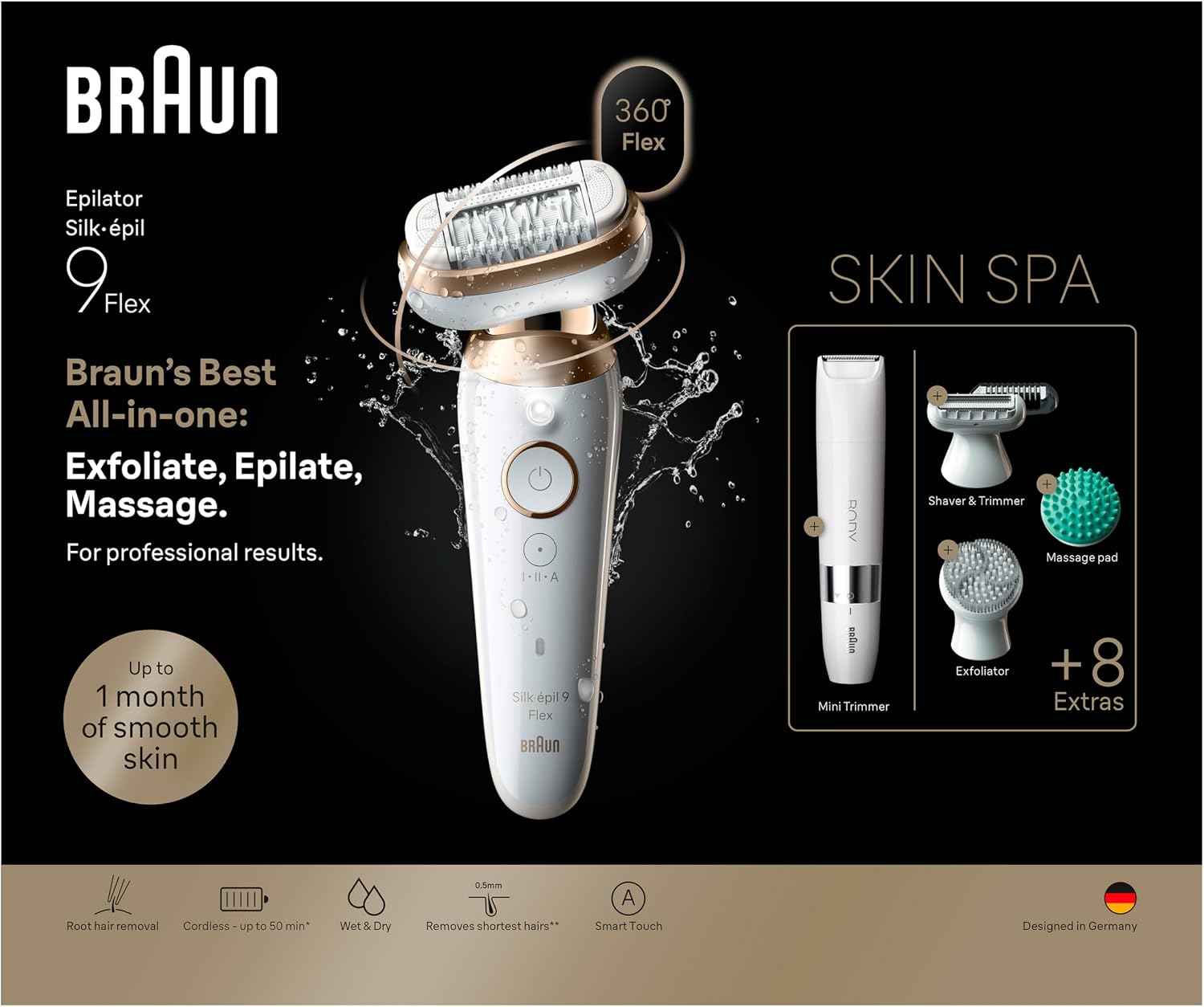 Braun Silk·épil 9 Flex SkinSpa 360° - Épilateur femme tout-en-un doré (9-481, 360°)