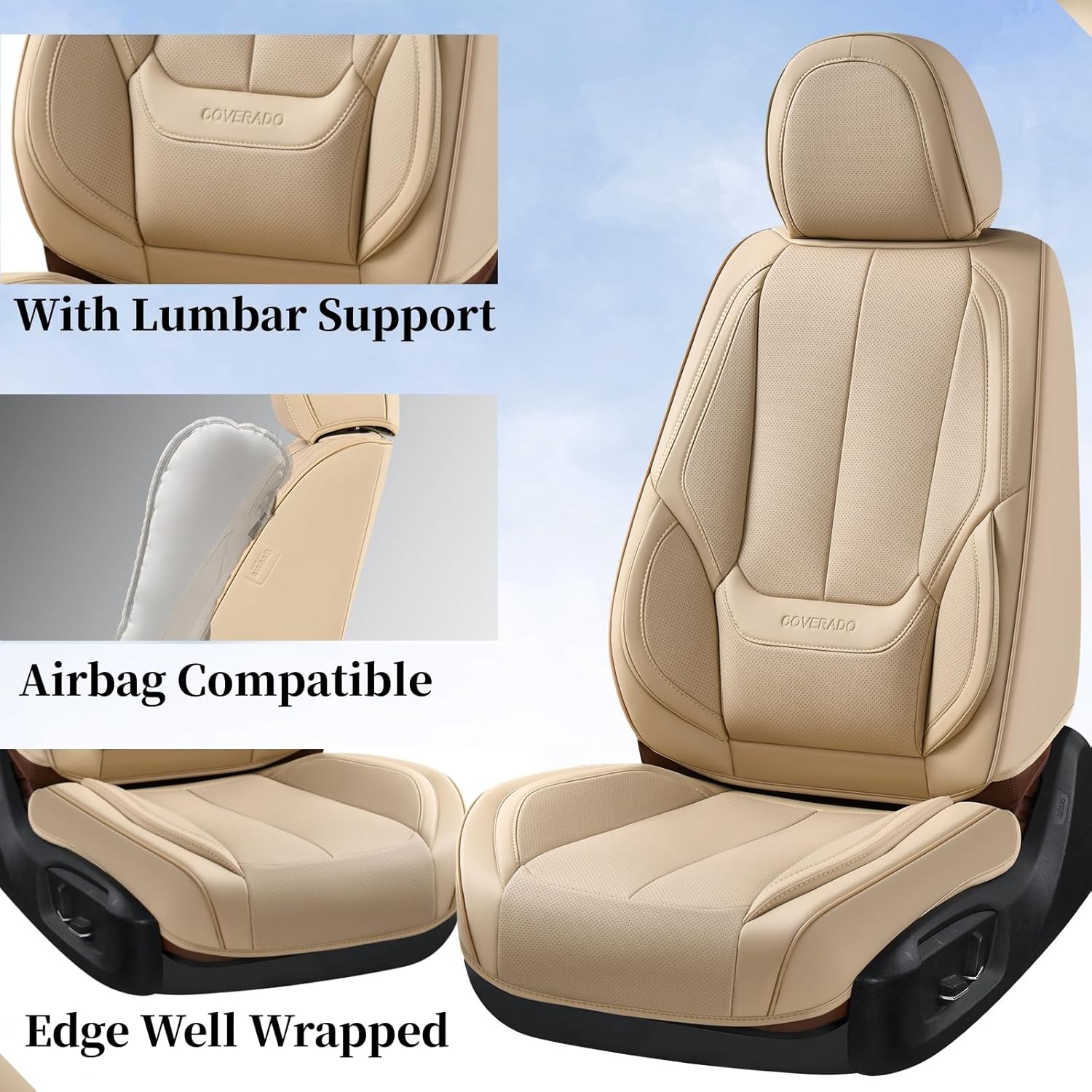 Thumbnail 2 de Coverado Waterproof Nappa Leather-Look Front Seat Covers (Beige, Universal Fit)