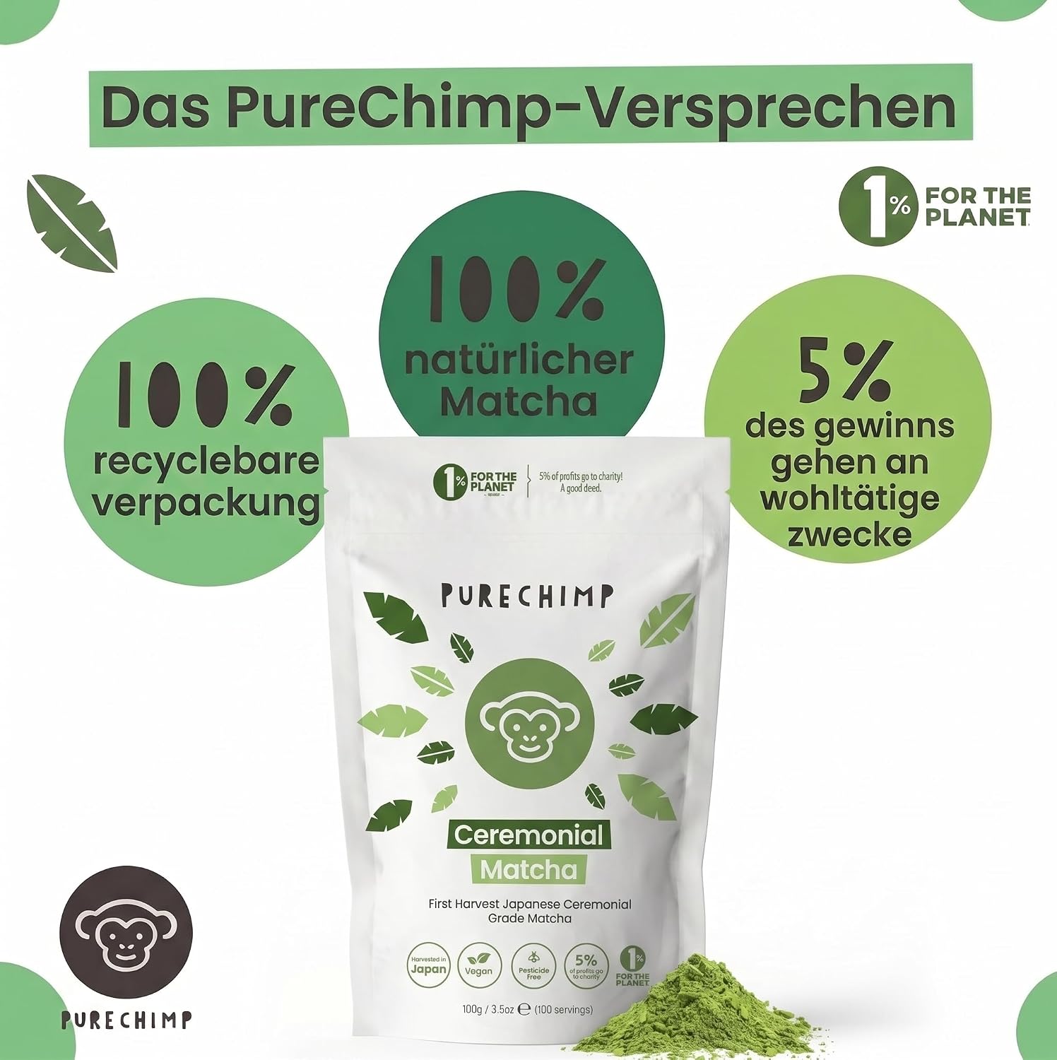 Detalle de PureChimp Ceremonial Matcha (100 g) – 100% reines Matcha-Pulver für Latte, Aufgüsse & Rezepte