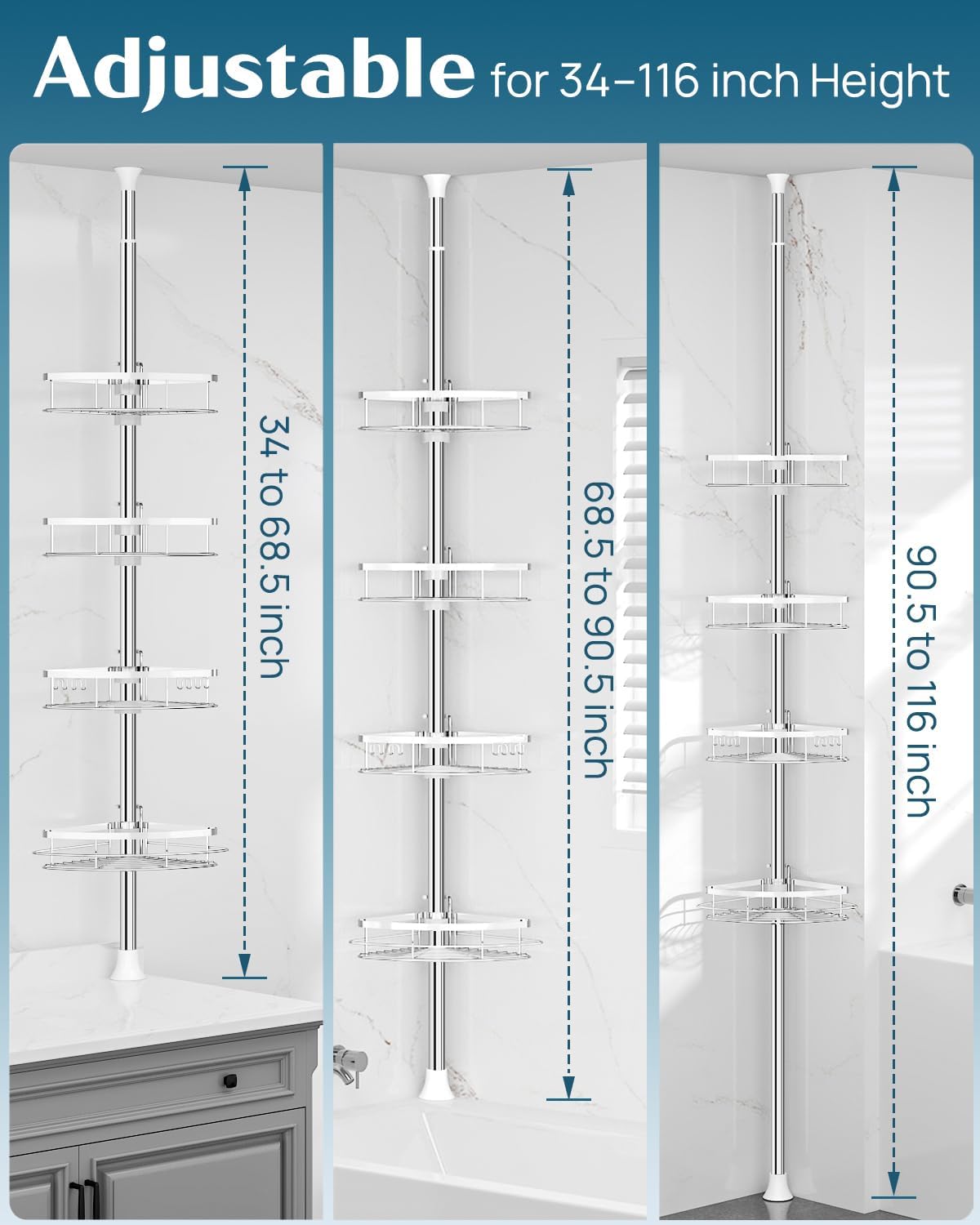 Detalle 2 de SEIRIONE Rustproof Shower Corner Caddy Organizer with Tension Pole, 4 Adjustable Shelves