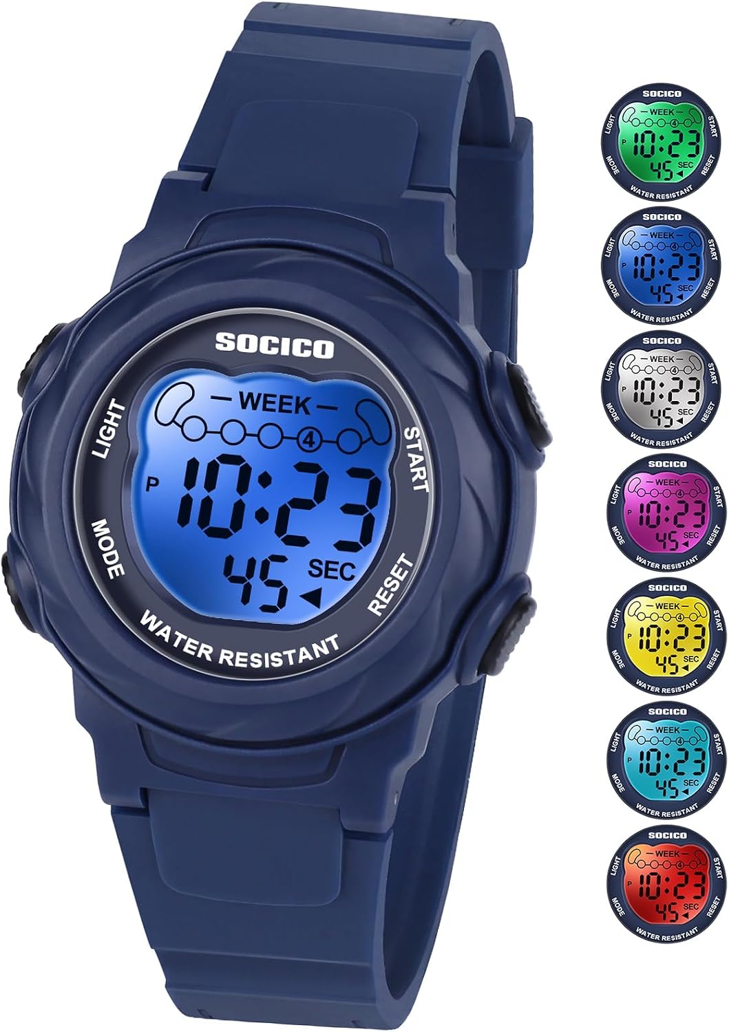 Detalle de SOCICO Montre numérique pour enfants — étanche 5ATM, 7 couleurs lumineuses et fonctions multipliables