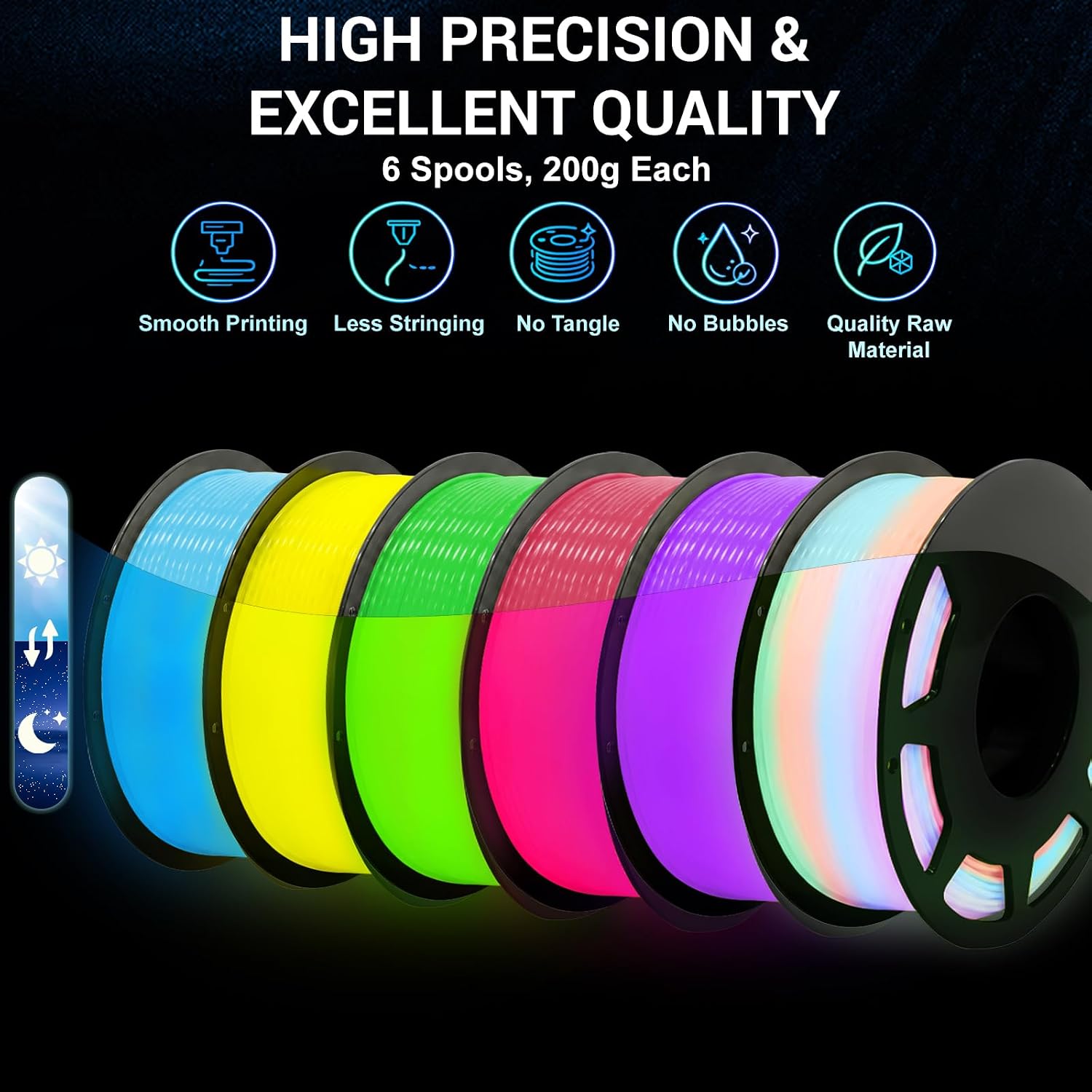 Detalle 2 de ACESAY Glow in the Dark PLA+ Filament, 6-Color 1.75mm Spool Set