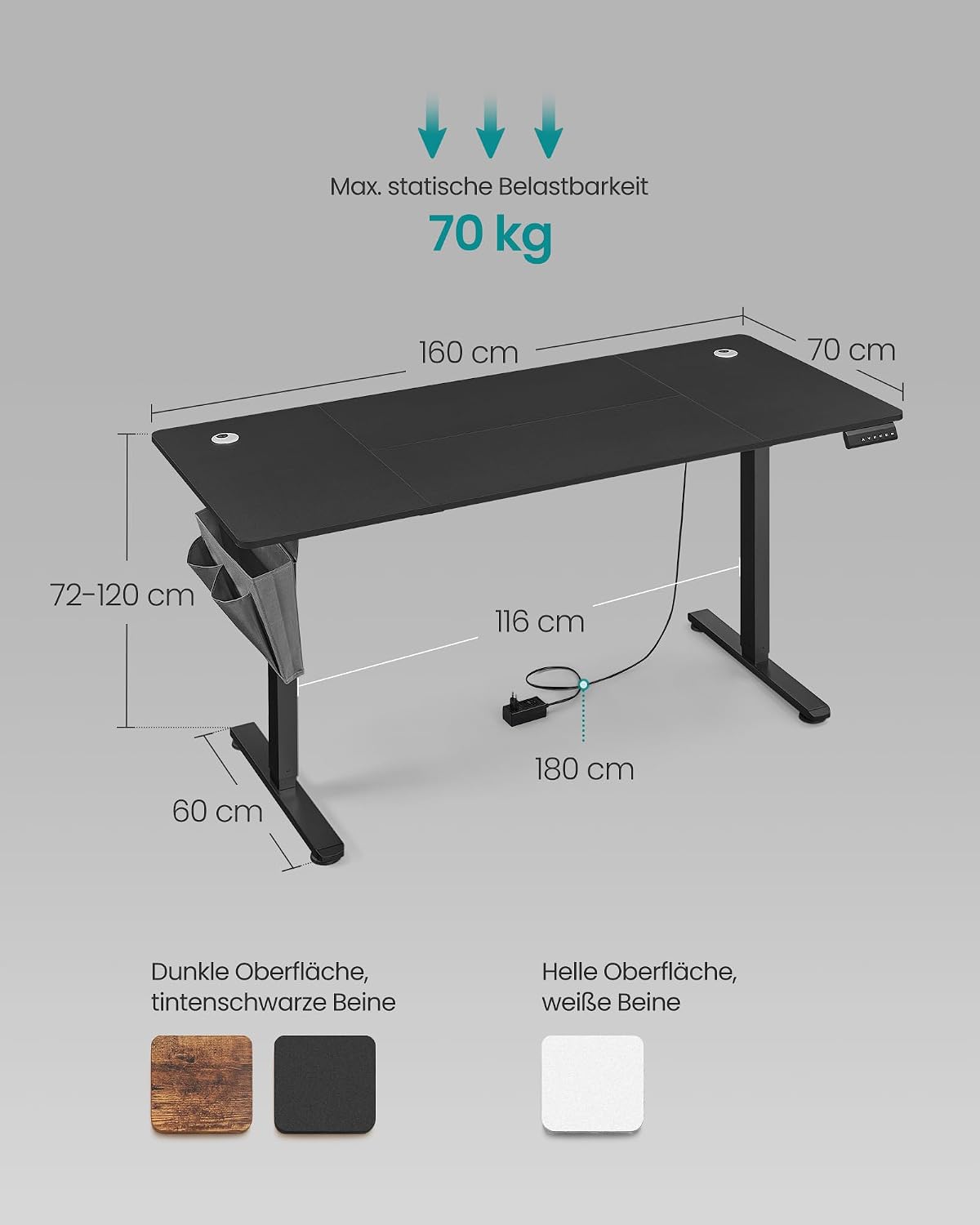 Detalle 2 de SONGMICS Höhenverstellbarer Schreibtisch 160×70 cm