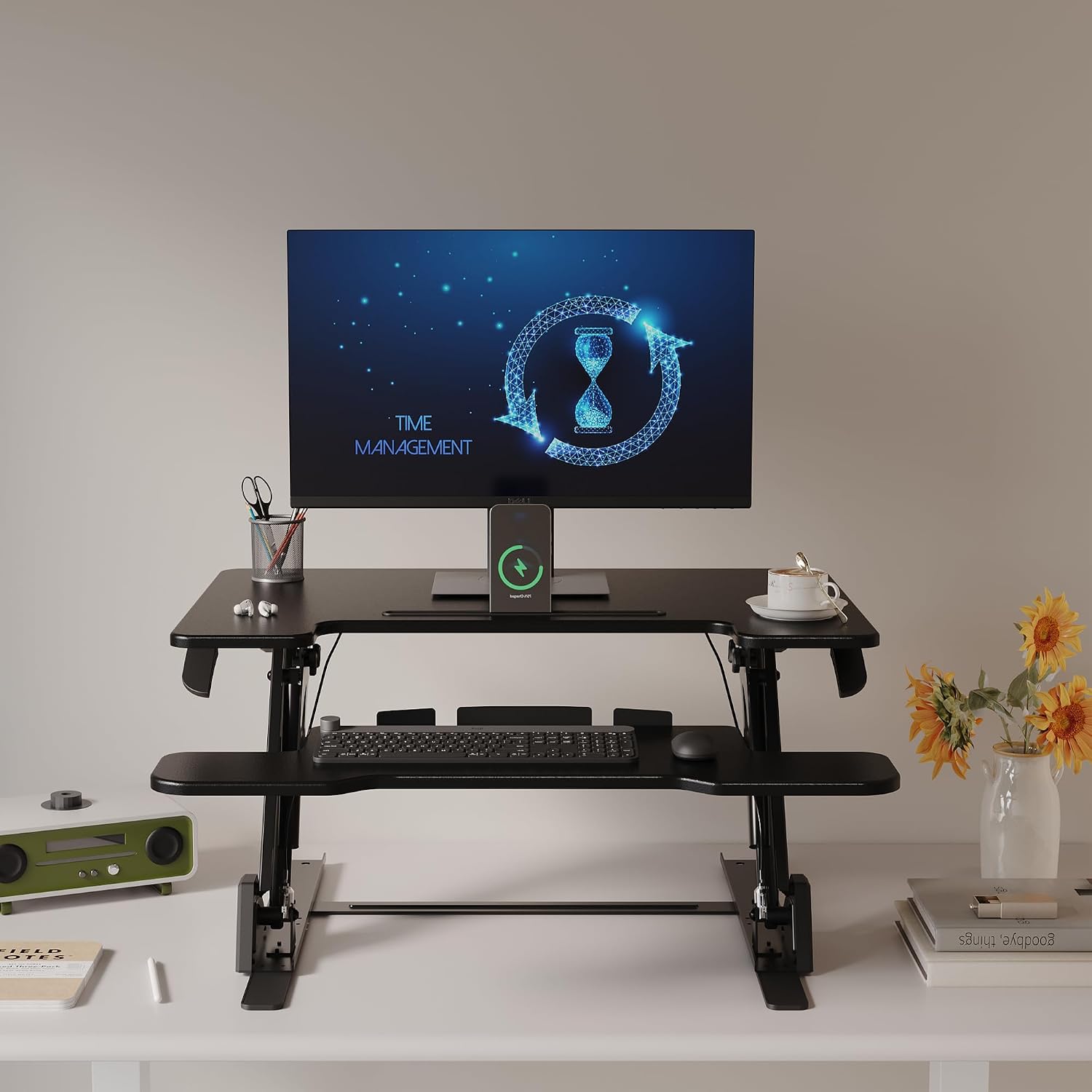 Detalle de BONTEC scrivania regolabile in altezza con doppia molla per doppio monitor (81,3 x 52,2 cm), capacità fino a 15 kg