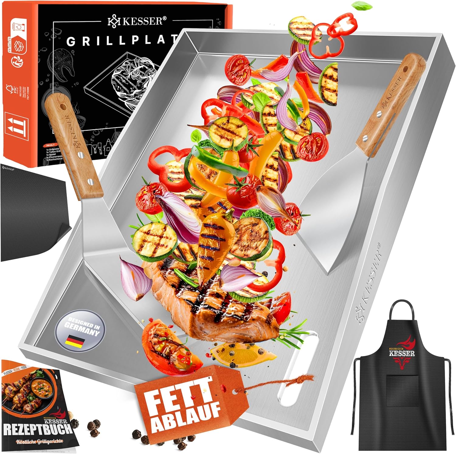 KESSER Plancha Grillplatte aus Edelstahl mit Deckel (40 x 30 cm) bis 800 °C, mit Fettablauf – inkl. 2 Spatel, Schürze, Grillmatte & Rezeptbuch