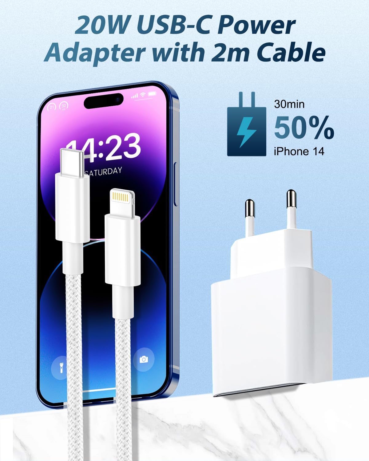 Thumbnail 2 de Chargeur iPhone Rapide 20W USB-C avec câble Lightning de 2 m – Prise murale compact et sûr