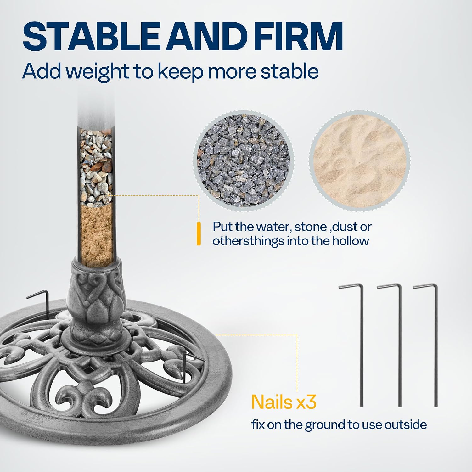 Detalle 2 de VIVOHOME garden birdbath with standing pedestal (71x50x50cm) – grey polyresin style with ground stakes