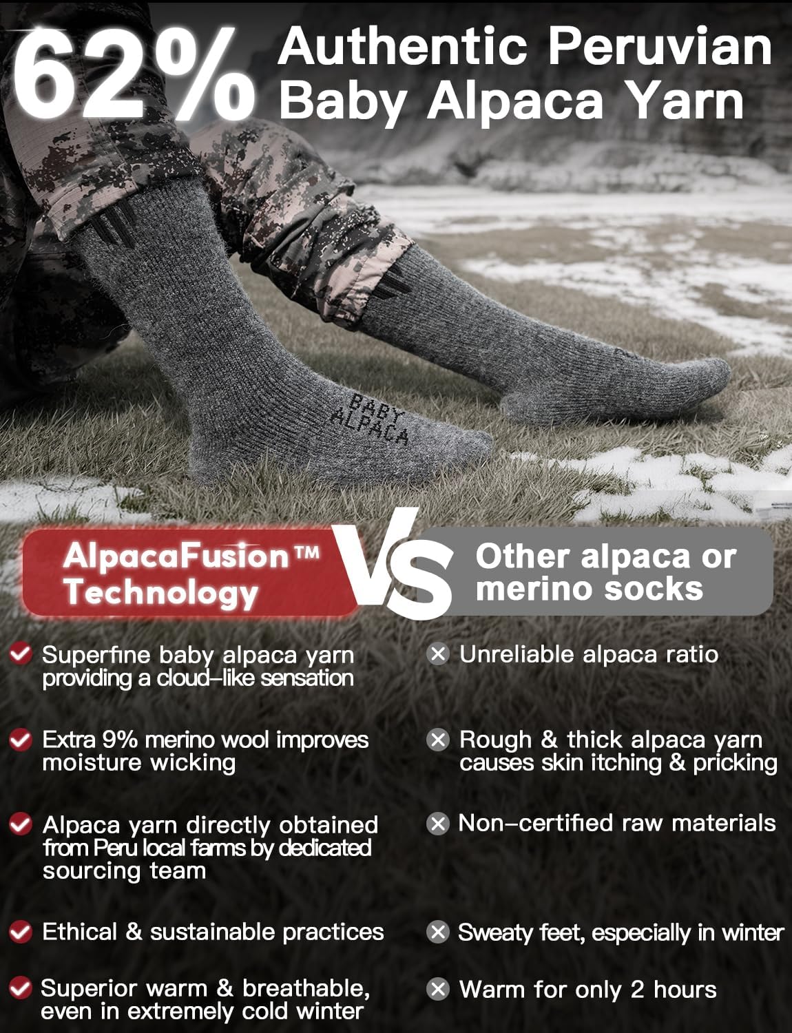Detalle de Juclise Baby Alpaca Wool Boot Socks, 62% Alpaca, Cushioned Thermal Warmth